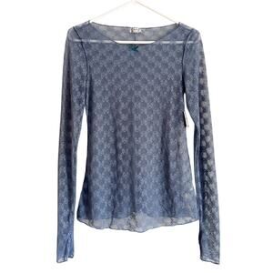 Free People Lace Top Coquette Sheer Bow Detail Long Sleeve Blue Romantic